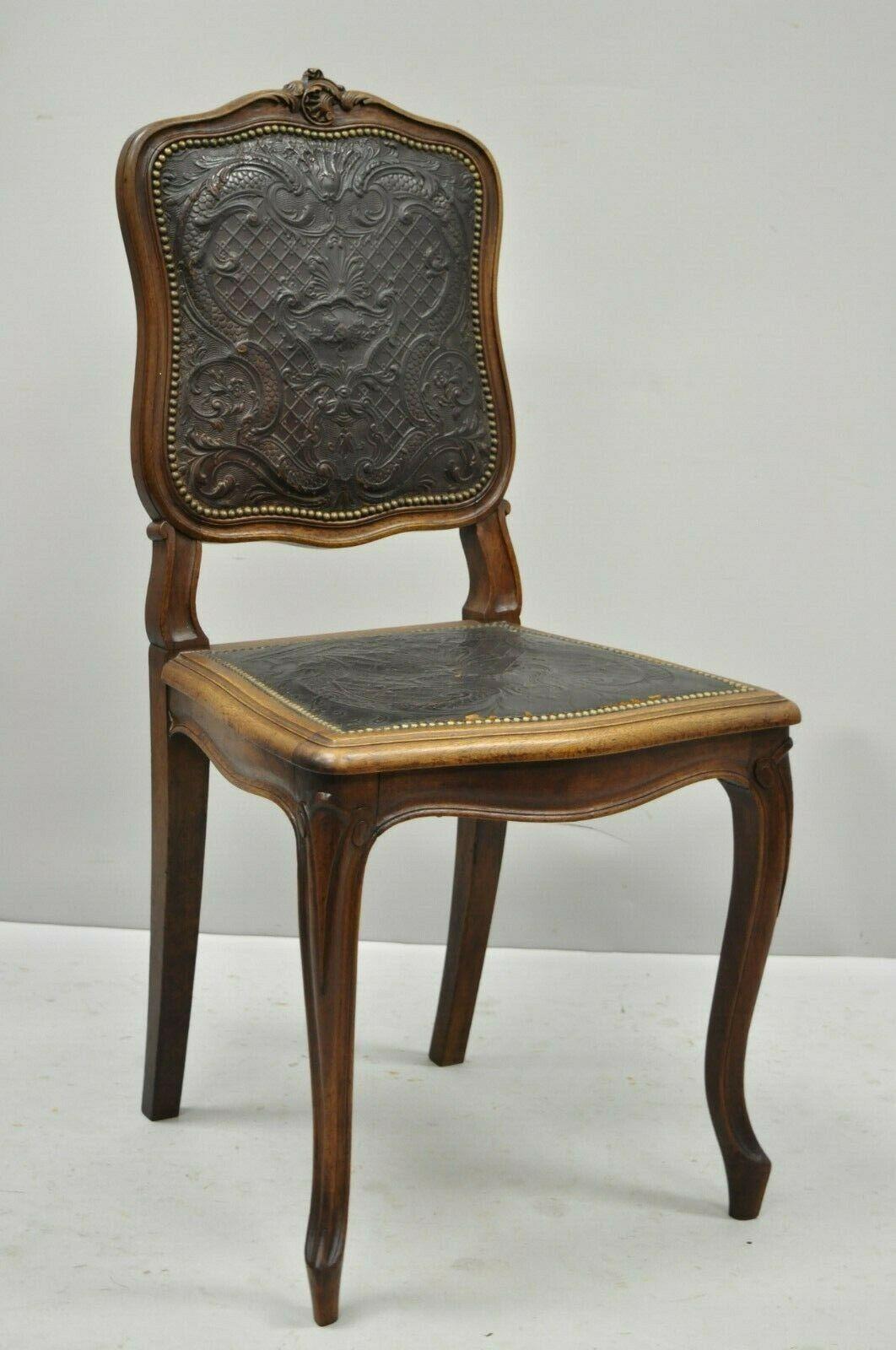 Antique French Louis XV Style Brown Embossed Leather Walnut Dining Side Chair B 8