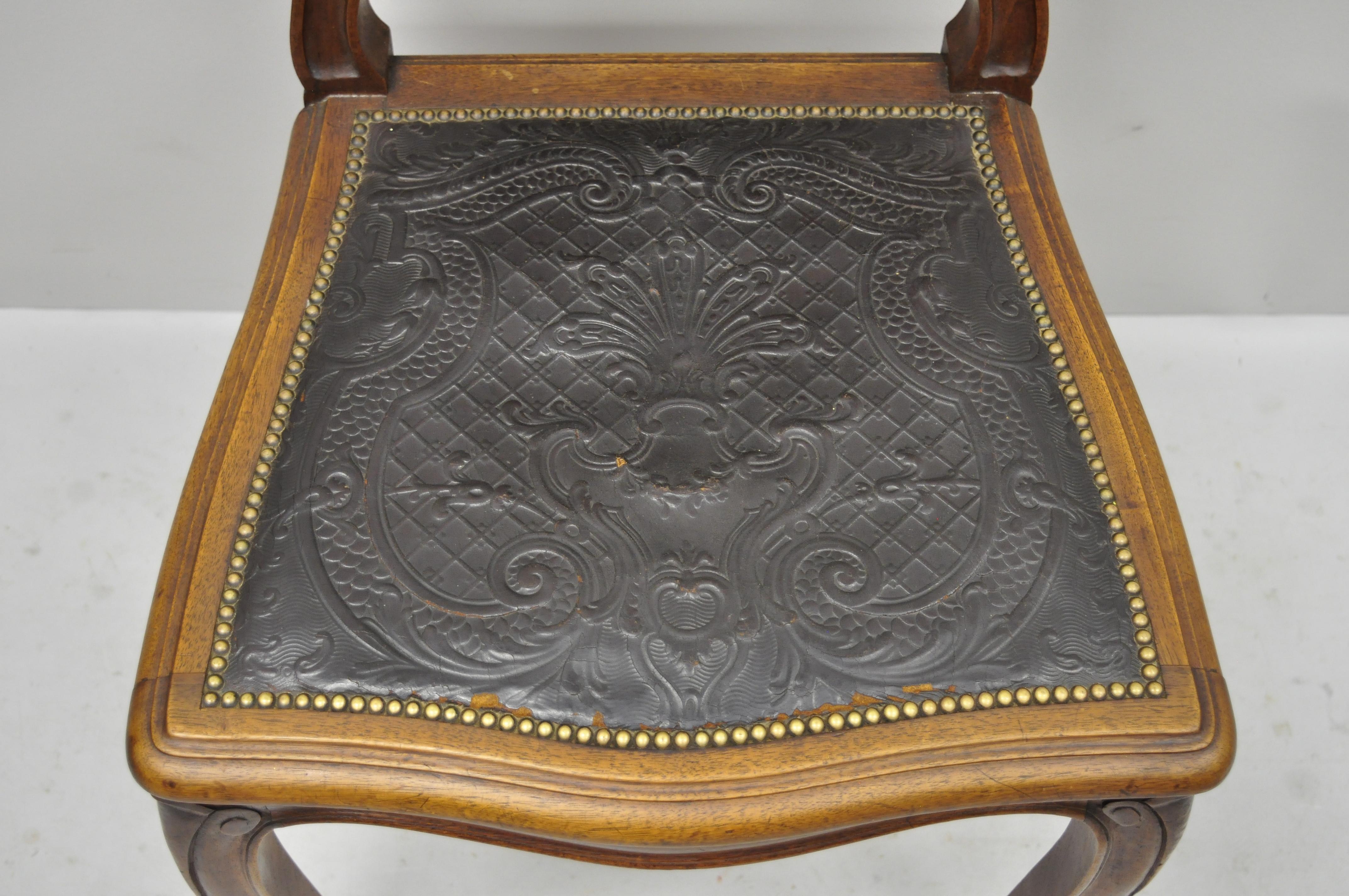 Antique French Louis XV Style Brown Embossed Leather Walnut Dining Side Chair B In Good Condition In Philadelphia, PA