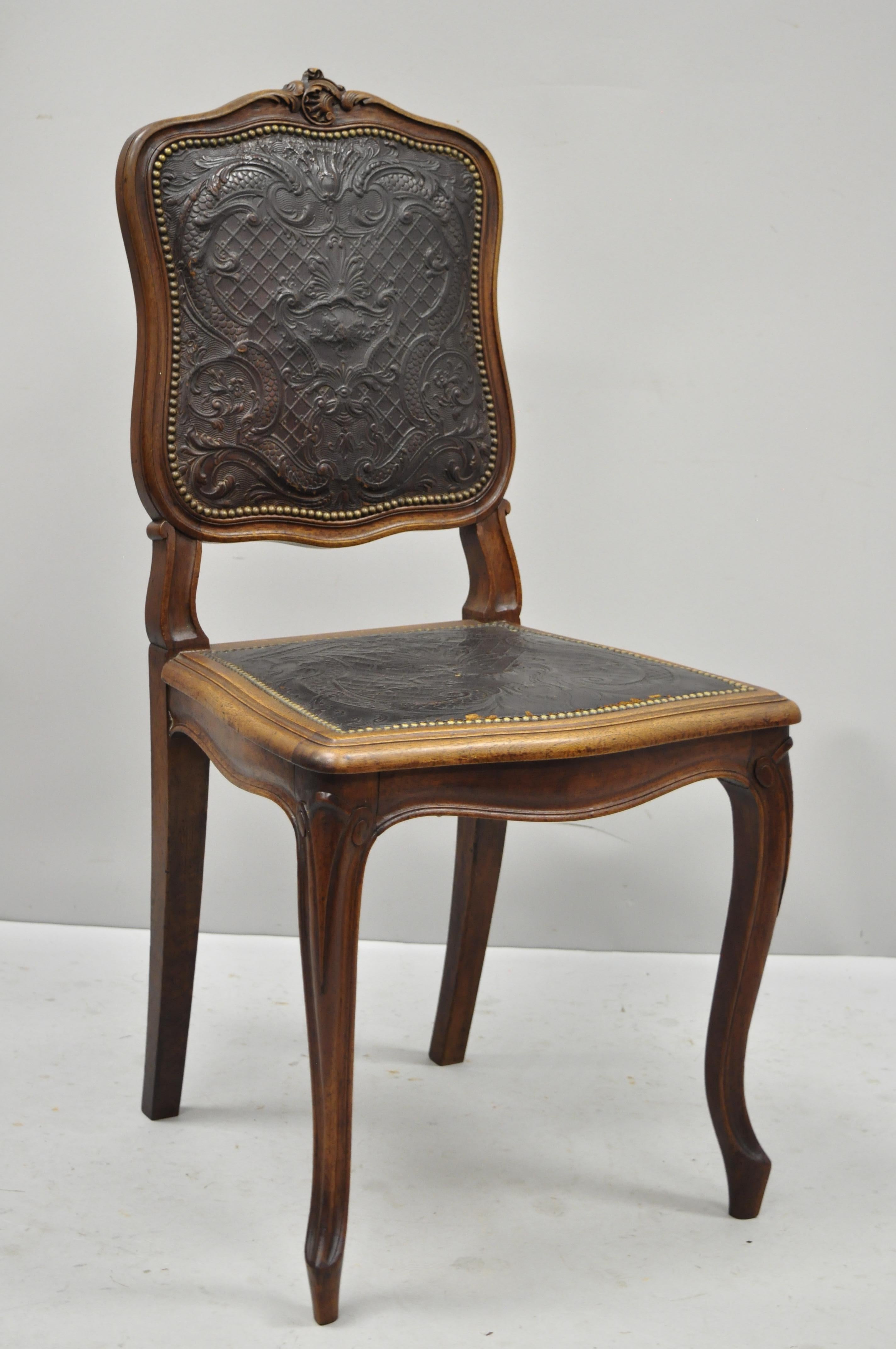 Antique French Louis XV Style Brown Embossed Leather Walnut Dining Side Chair B 3