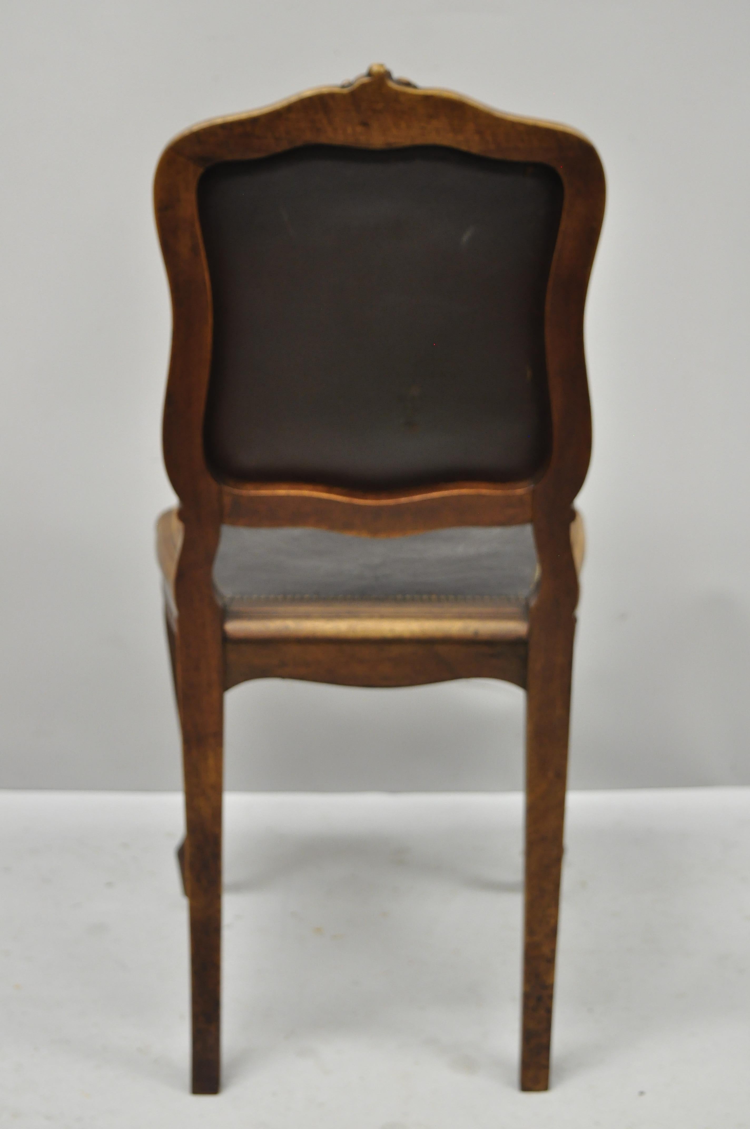 Antique French Louis XV Style Brown Embossed Leather Walnut Dining Side Chair B 5