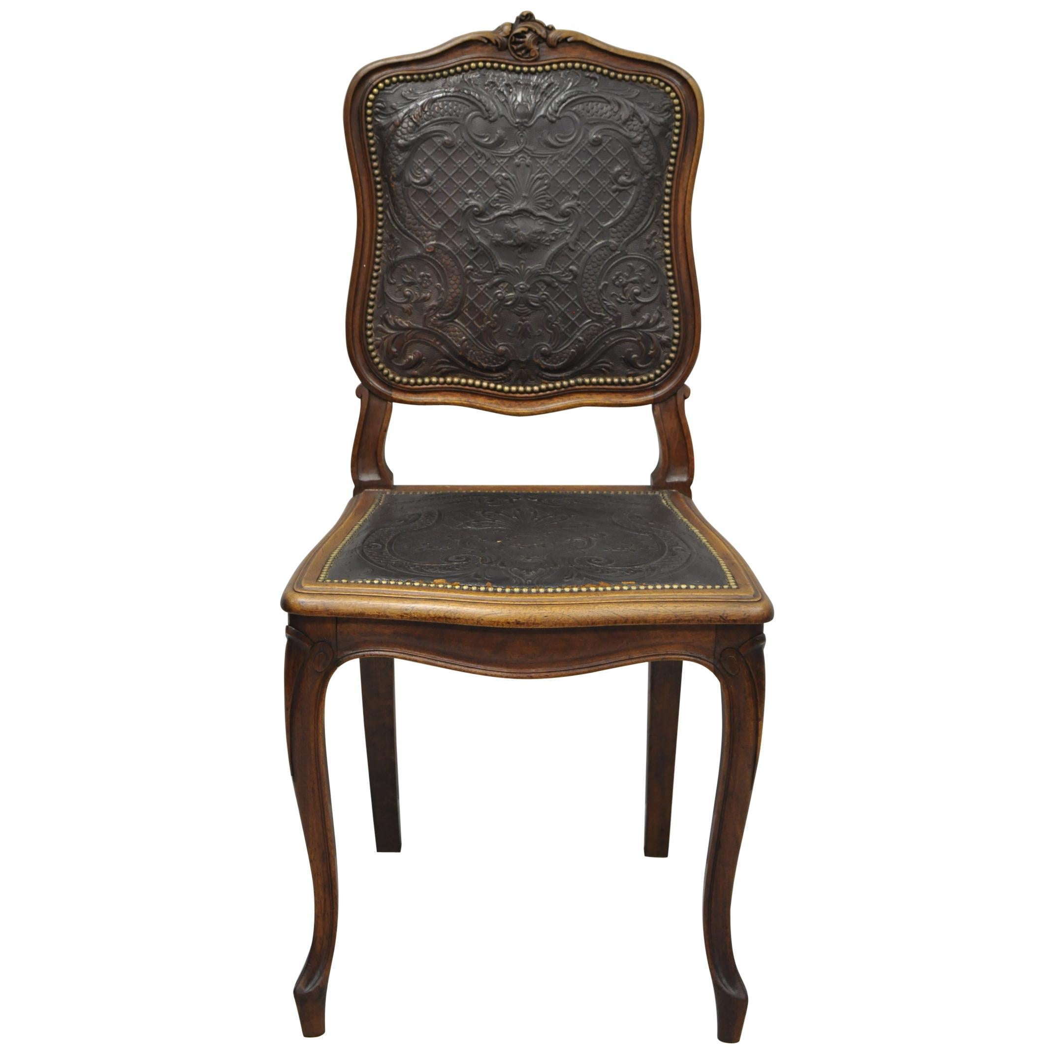 Antique French Louis XV Style Brown Embossed Leather Walnut Dining Side Chair B