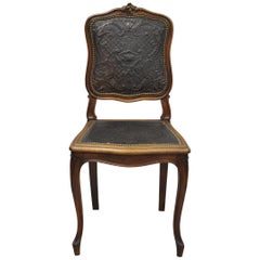 Antique French Louis XV Style Brown Embossed Leather Walnut Dining Side Chair B