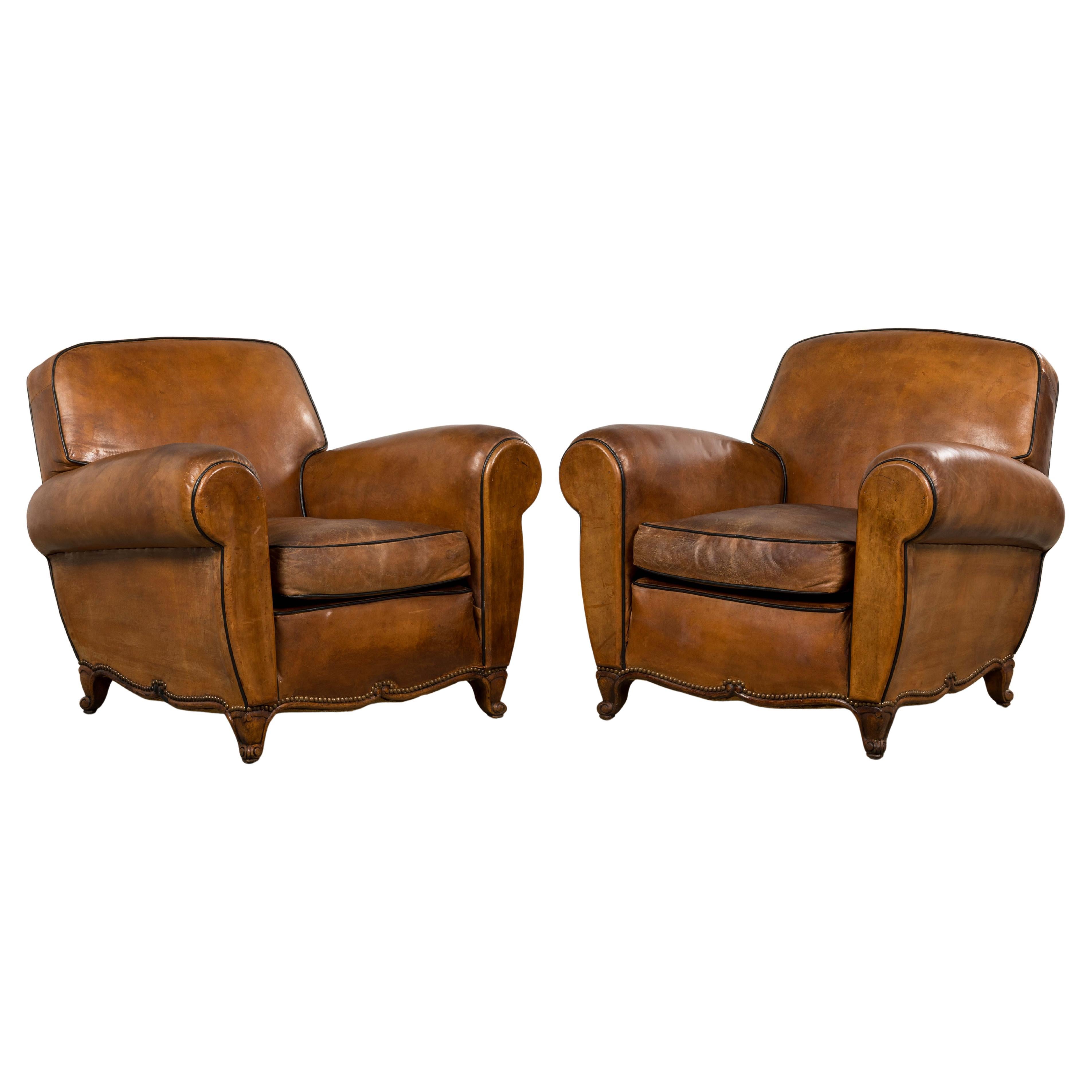 Antique French Louis XV Style Brown Leather Club Chairs - A Pair