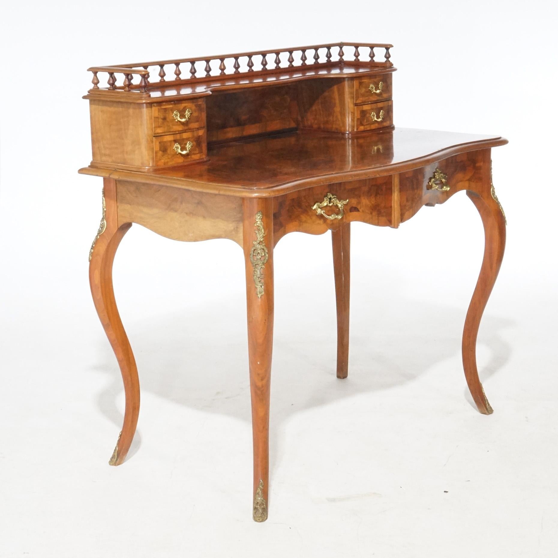 Cast Antique French Louis XV Style Burl & Mahogany Parquetry Ladies Desk 