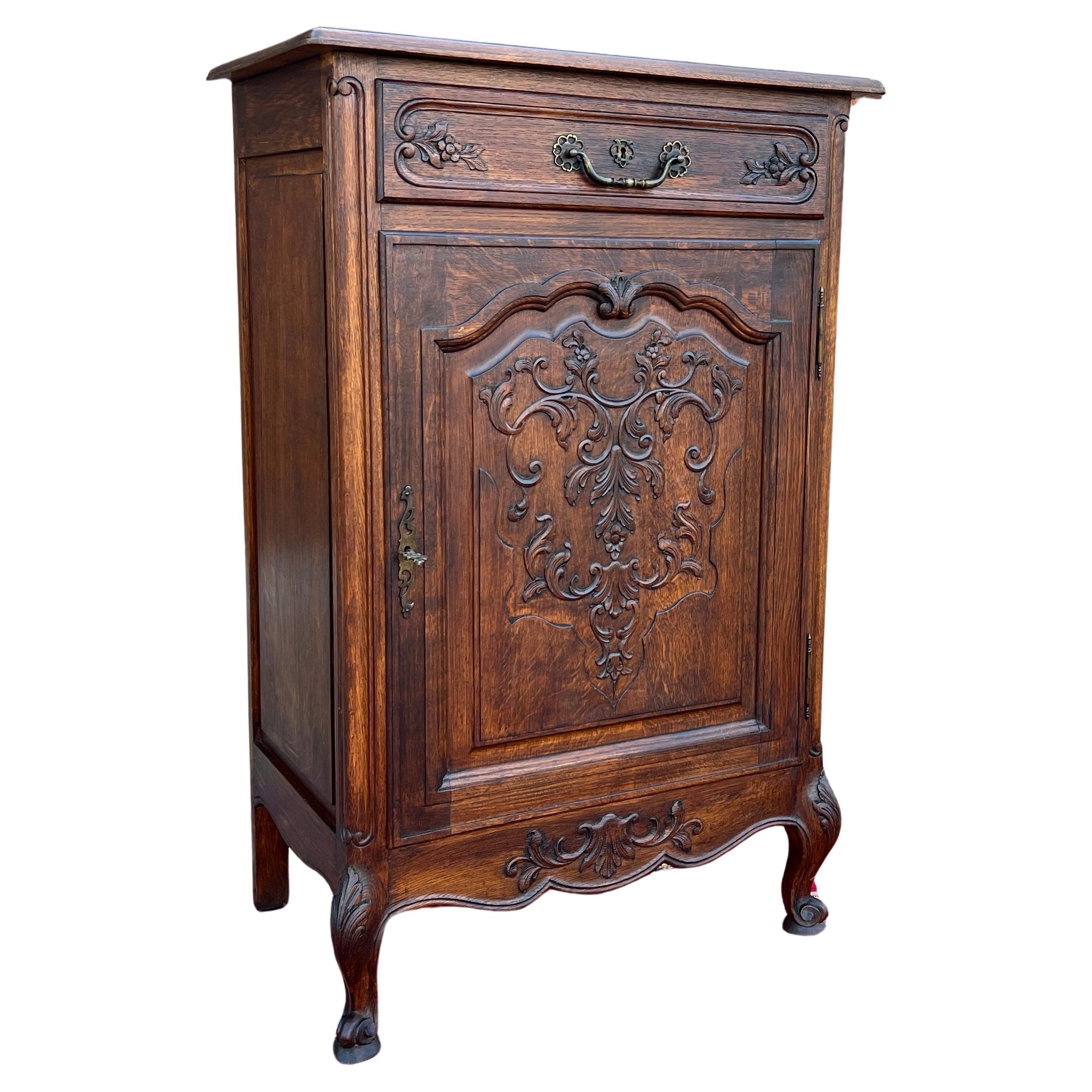 Antique French Louis XV Style Cabinet Cupboard w Drawer Carved Oak Tall 1920s For Sale
