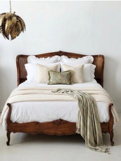 Antique French Louis XV Style Caned Bed Carved Walnut Low Footboard