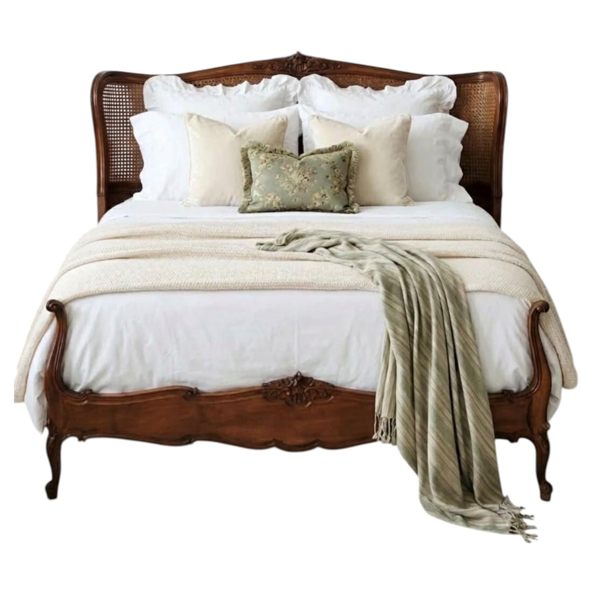 Antique French Louis XV Style Caned Bed Carved Walnut Low Footboard