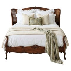 Antique French Louis XV Style Caned Bed Carved Walnut Low Footboard