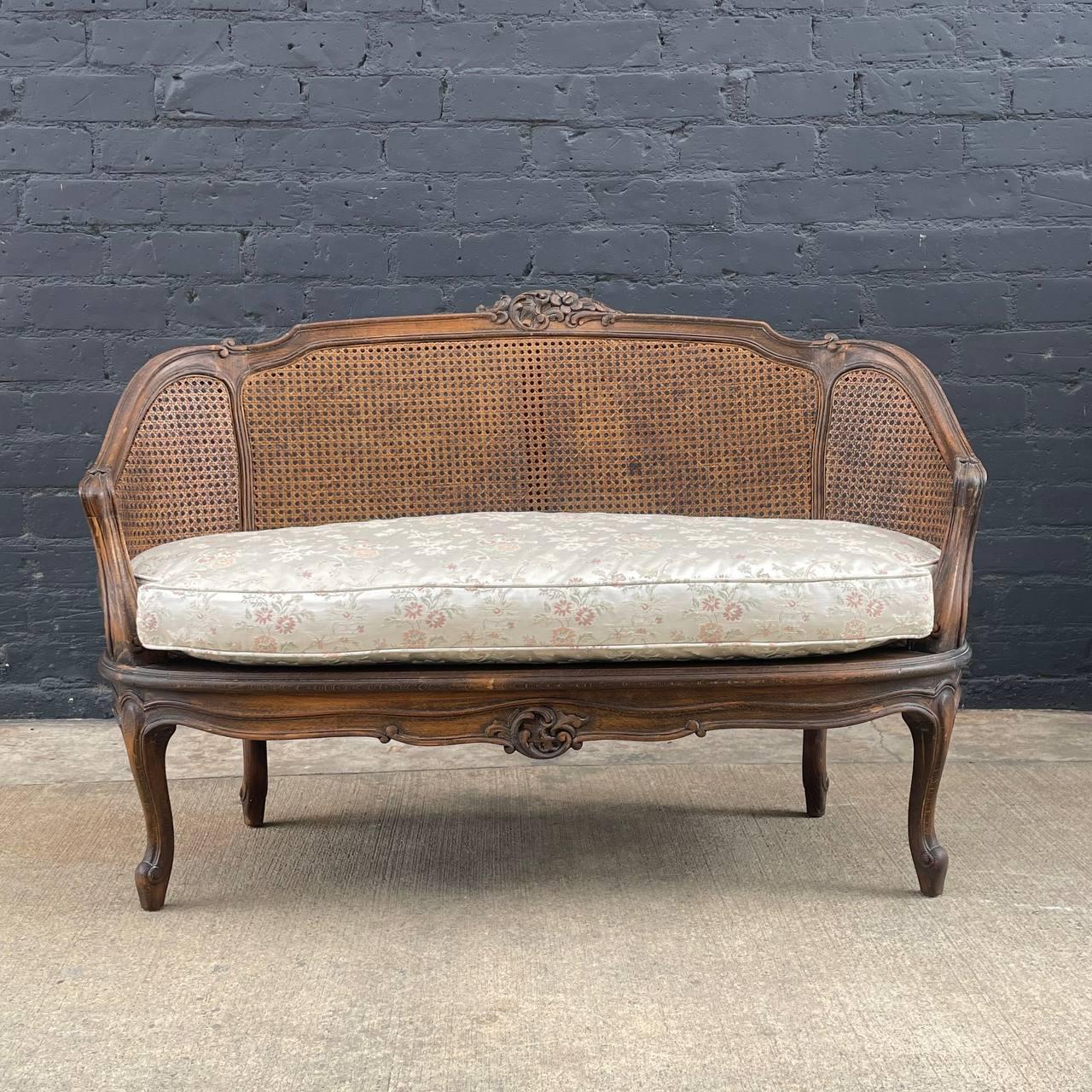 Antique French Louis XV Style Caned Settee Sofa

Country: United States
Materials: Carved Wood, Original Wicker
Condition: New Silk Upholstery with Down Feather
Style: French Antique
Year: 1950’s

$2,500

Dimensions:
33”H x 48”Wx