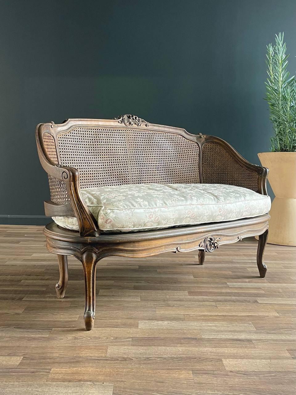 Materials: Carved Wood, Original Wicker, New Silk Upholstery with Down Feather
Style: French Louis XV 
