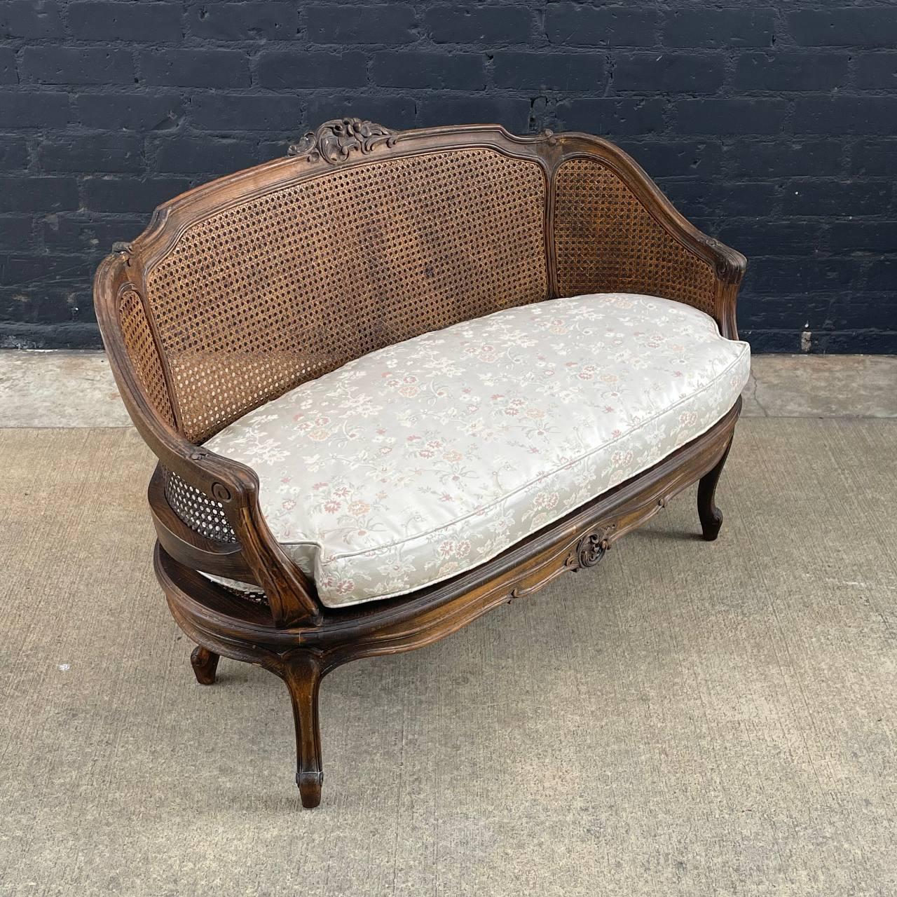 American Antique French Louis XV Style Caned Settee Sofa For Sale