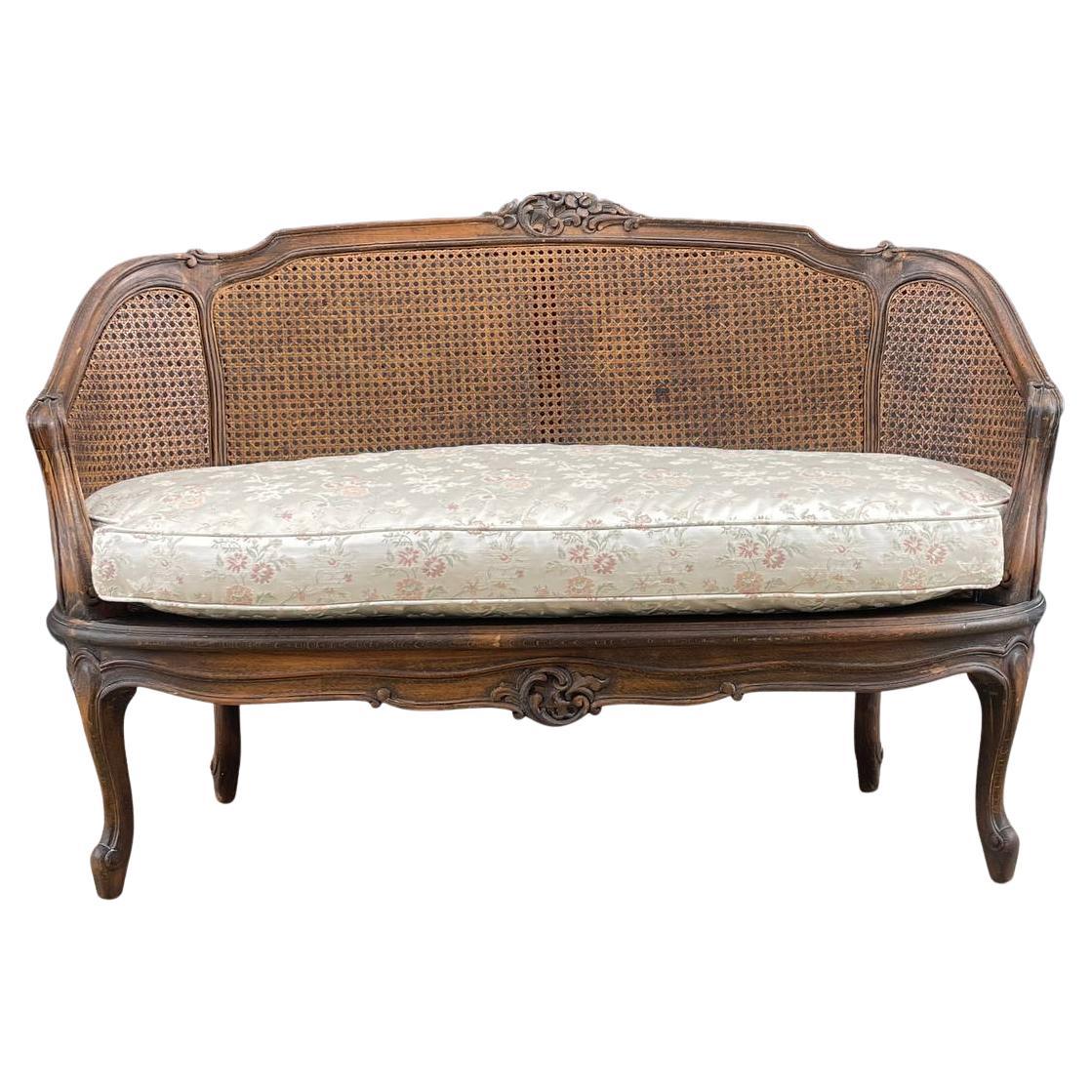 Antique French Louis XV Style Caned Settee Sofa For Sale