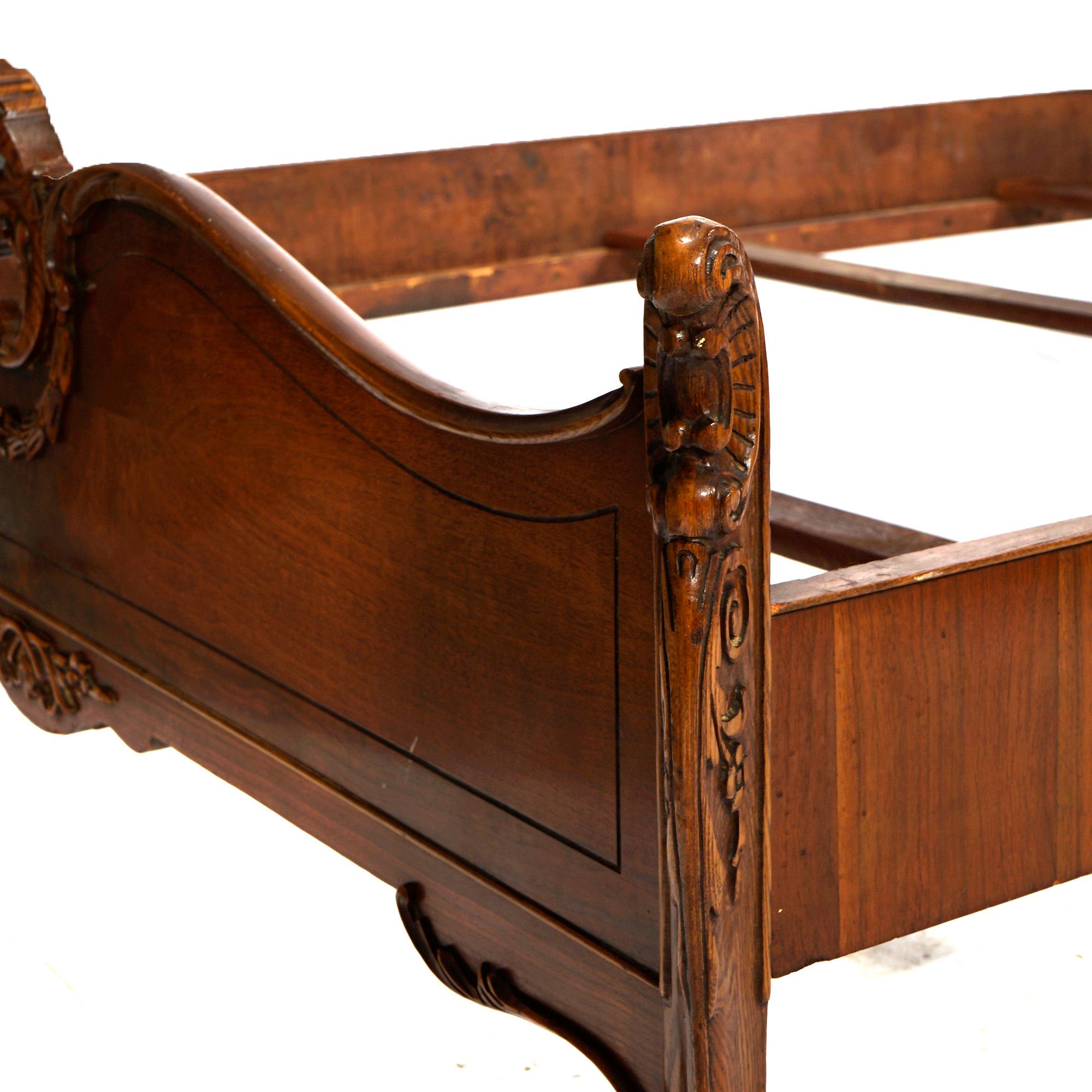 Antique French Louis XV Style Carved Flame Mahogany Double Bed Frame, C1930 8