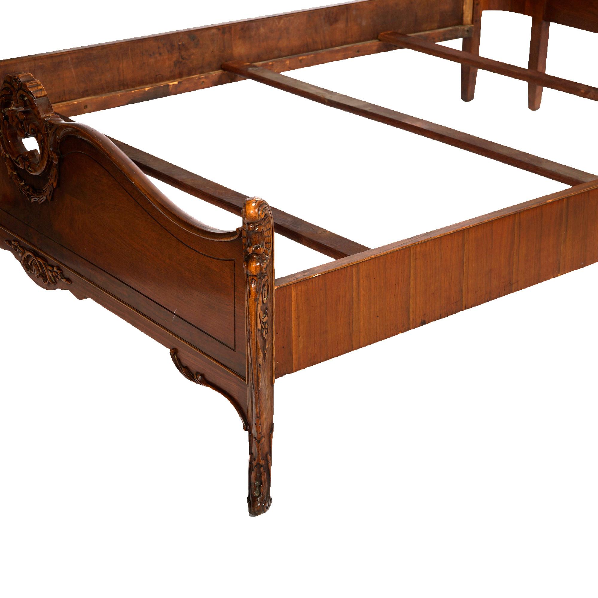 Antique French Louis XV Style Carved Flame Mahogany Double Bed Frame, C1930 9