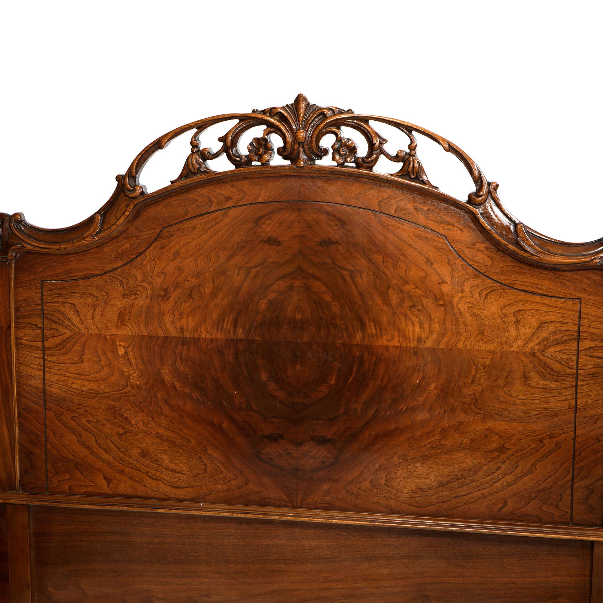 20th Century Antique French Louis XV Style Carved Flame Mahogany Double Bed Frame, C1930