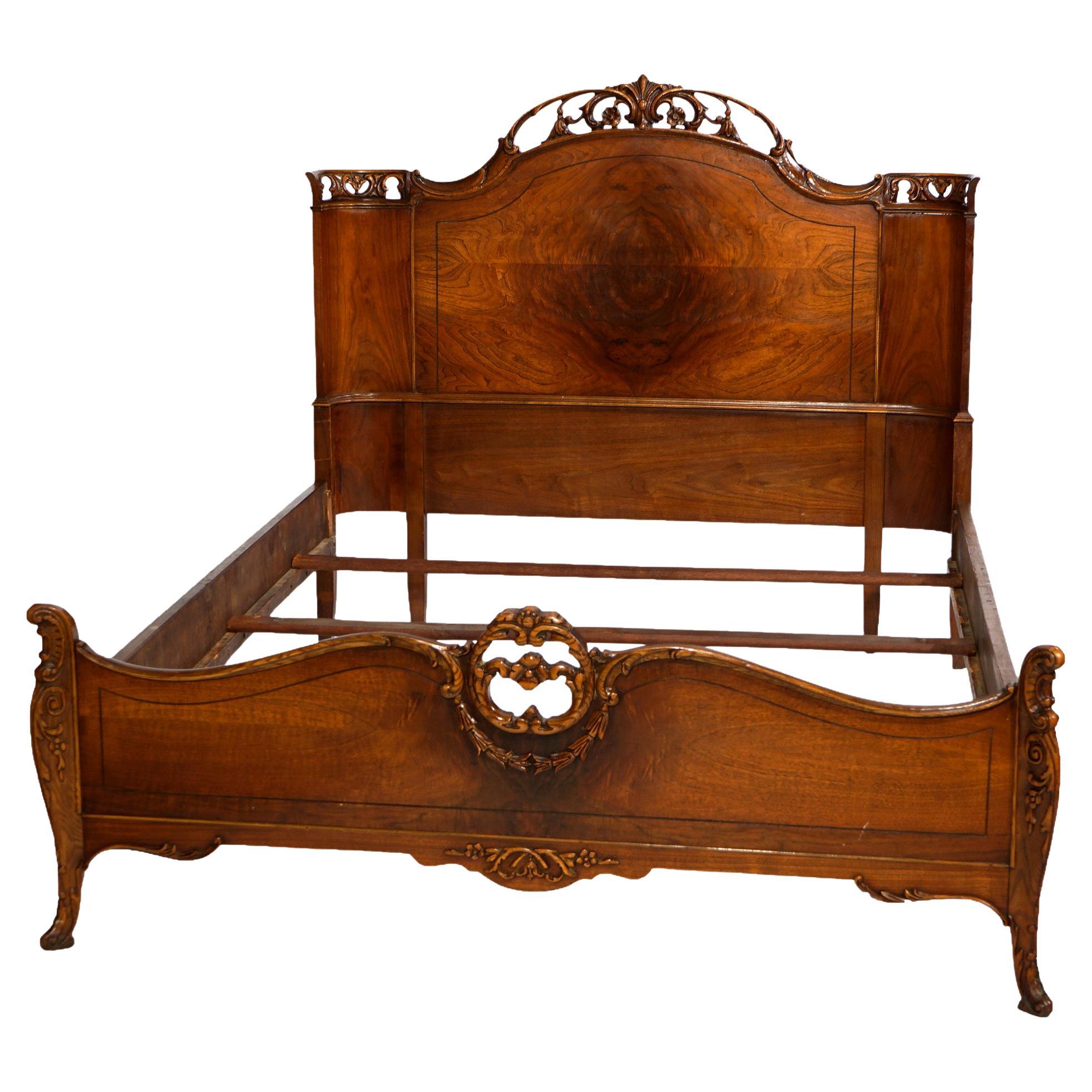 Antique French Louis XV Style Carved Flame Mahogany Double Bed Frame, C1930