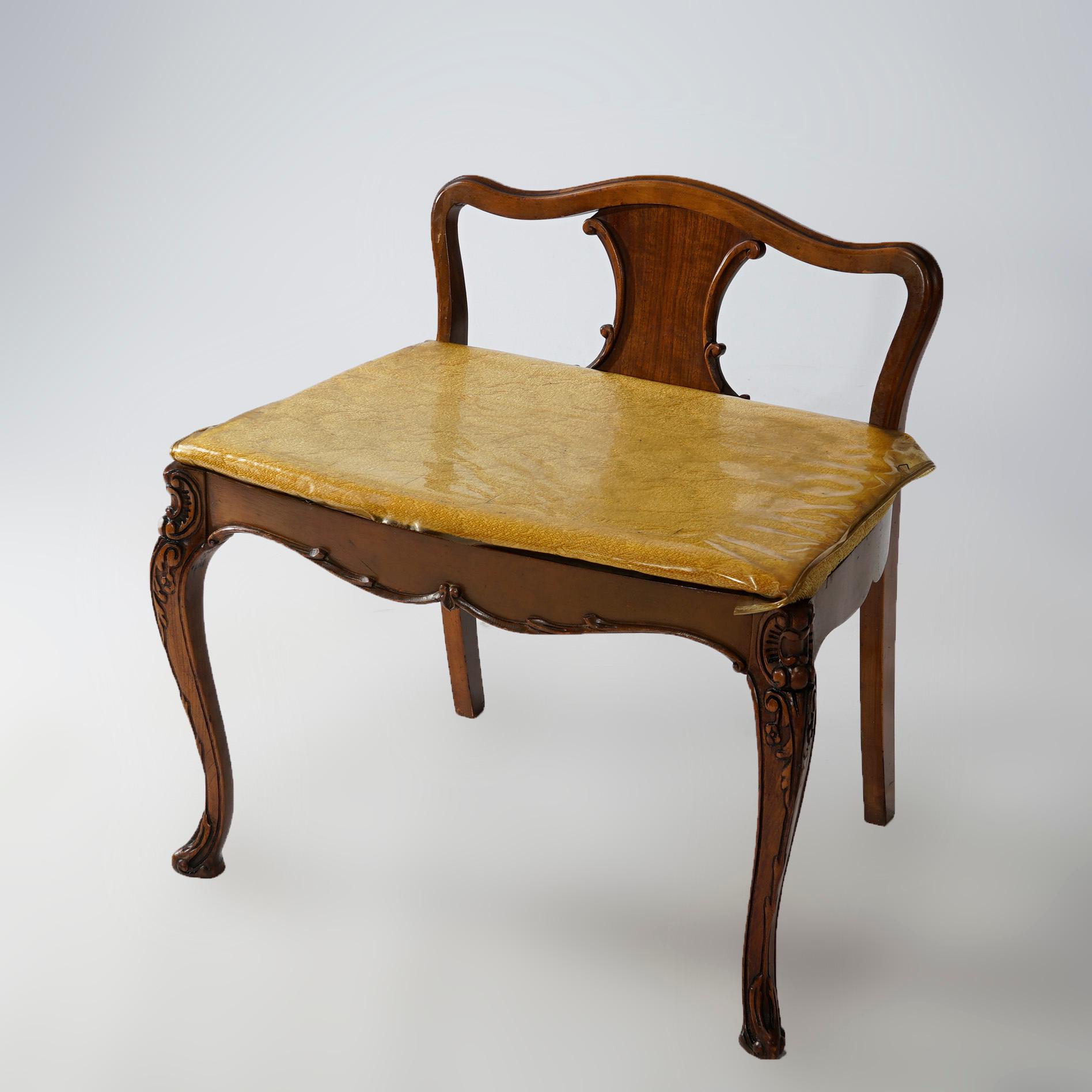 20th Century Antique French Louis XV Style Carved Flame Mahogany Dressing Table & Bench c1930