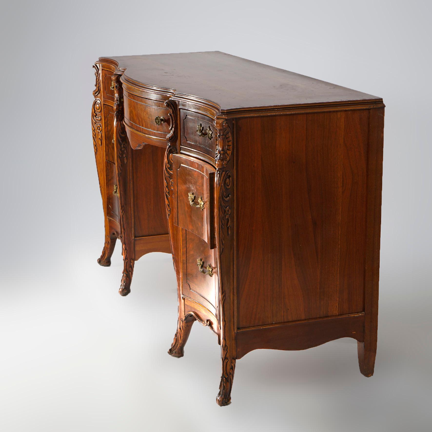 Antique French Louis XV Style Carved Flame Mahogany Dressing Table & Bench c1930 2