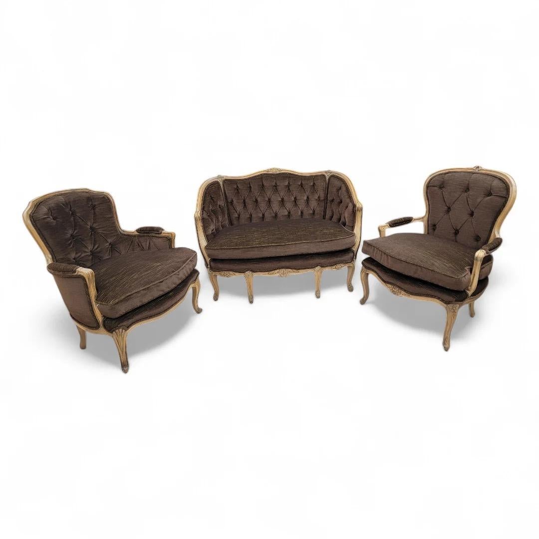 Antique French Louis XV Style Waxed Carved French Mahogany Tufted Back Bergere Parlor Set Newly Upholstered and Down Filled Etagere Ribbed Mocha-Chartreuse Mohair - 3 Piece Set

This Antique French Louis XV Style parlor set is perfect for enhancing