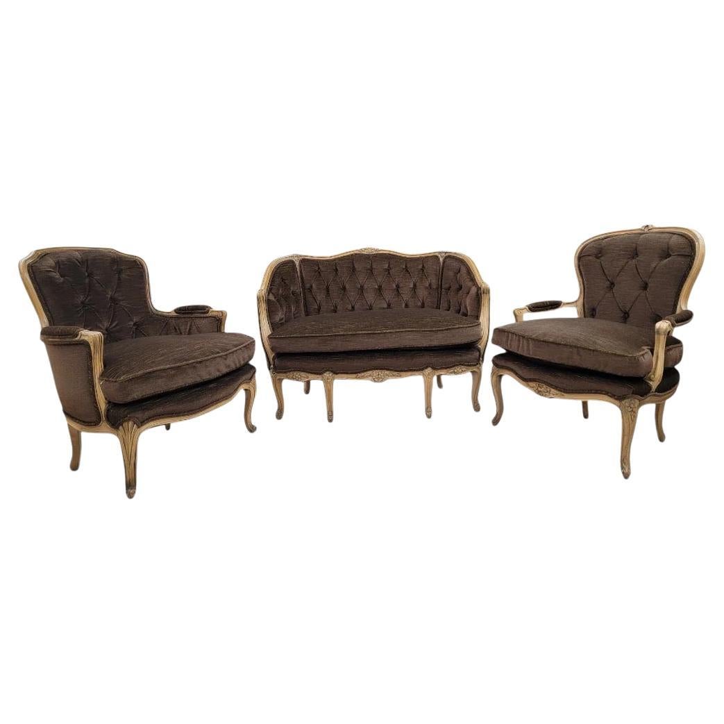 Antique French Louis Xv Style Carved French Parlor Set In Brown Mohair For Sale