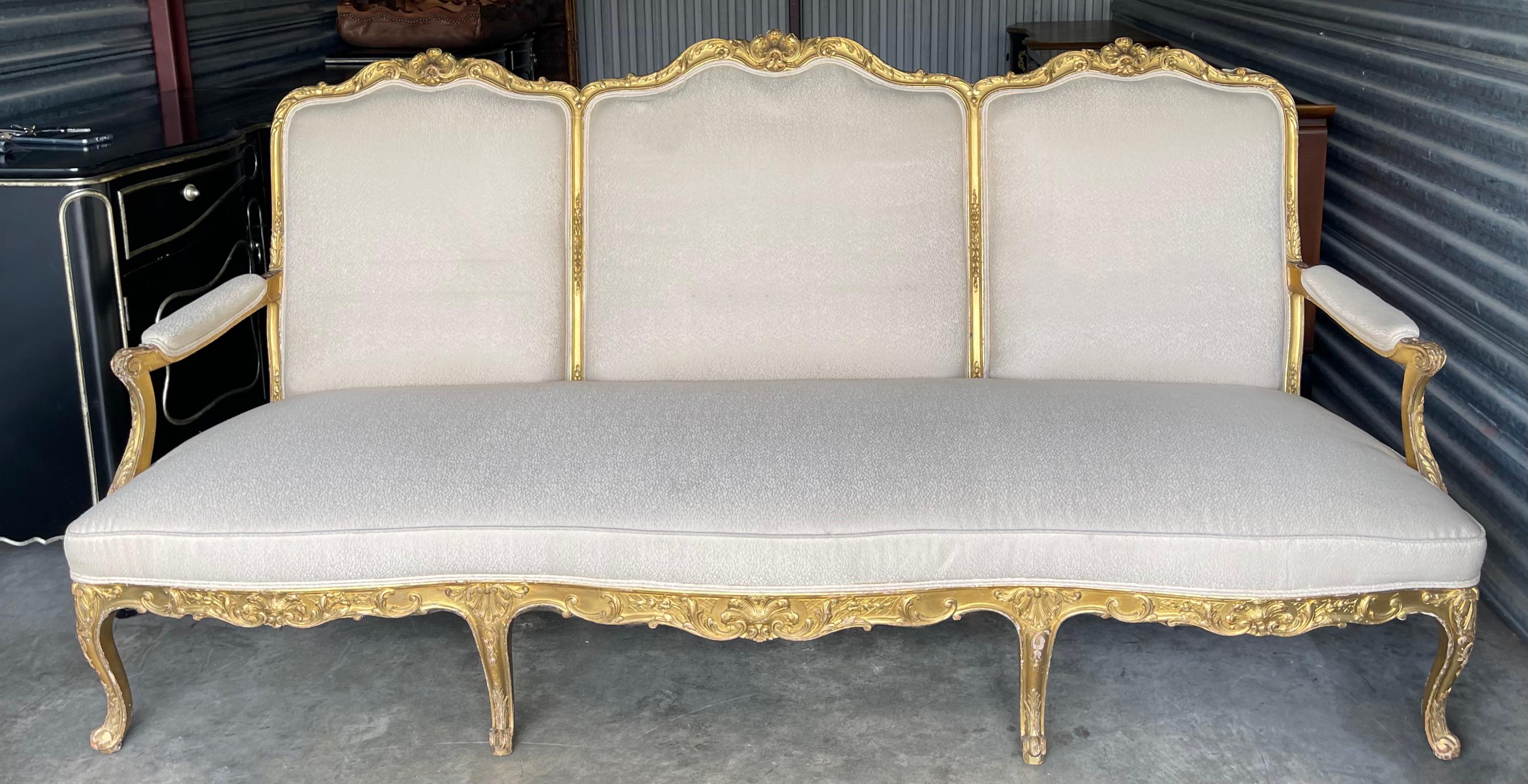Upholstery Antique French Louis Xv Style Carved Giltwood Sofa For Sale