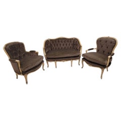 Antique French Louis Xv Style Carved Mahogany Bergere Parlor 3 Piece Set