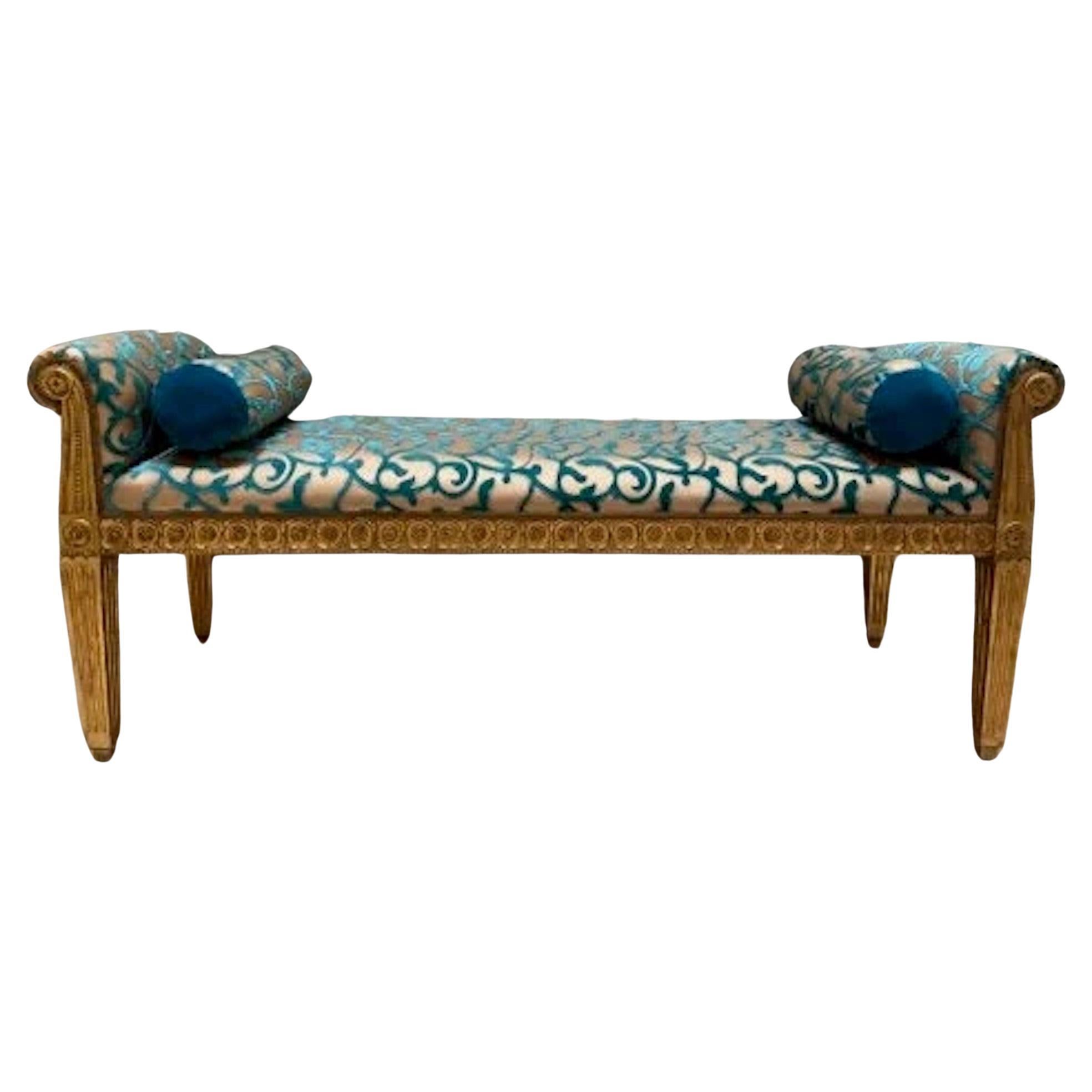 Antique French Louis XV Style Carved Painted Scroll Arm Bench Newly Upholstered