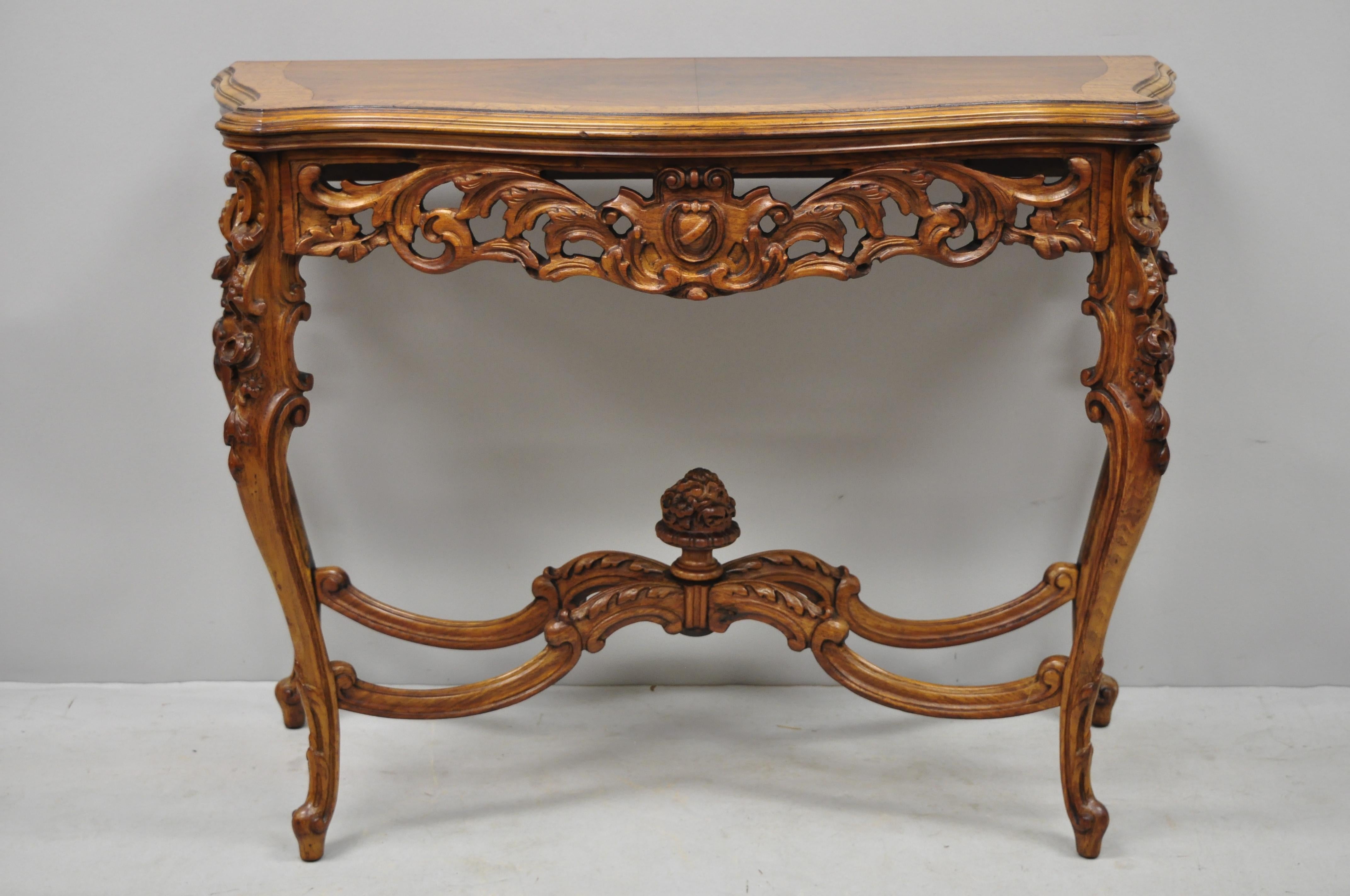 Antique French Louis XV Style Carved Walnut Banded Top Small Console Hall Table 3