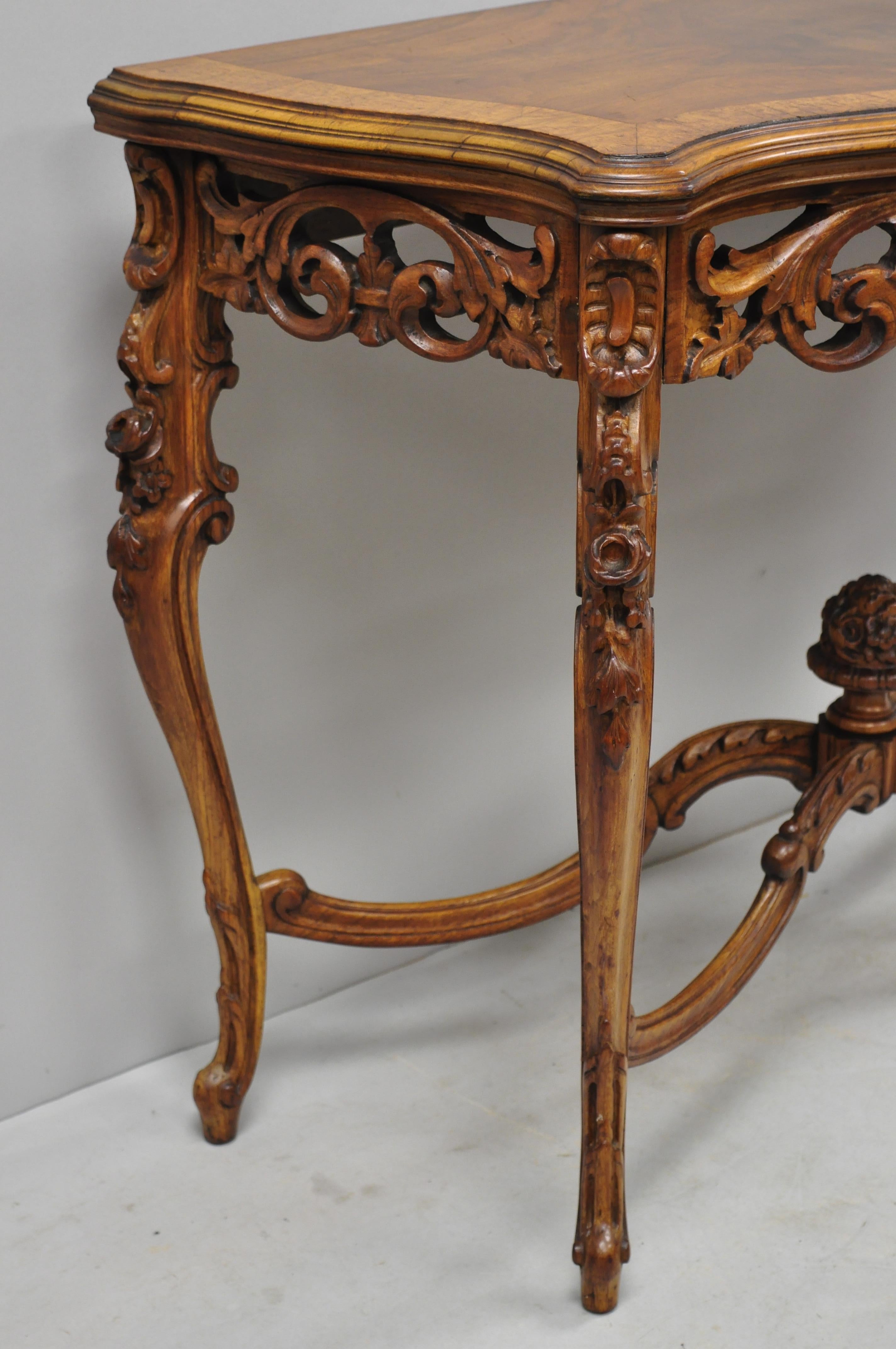 20th Century Antique French Louis XV Style Carved Walnut Banded Top Small Console Hall Table