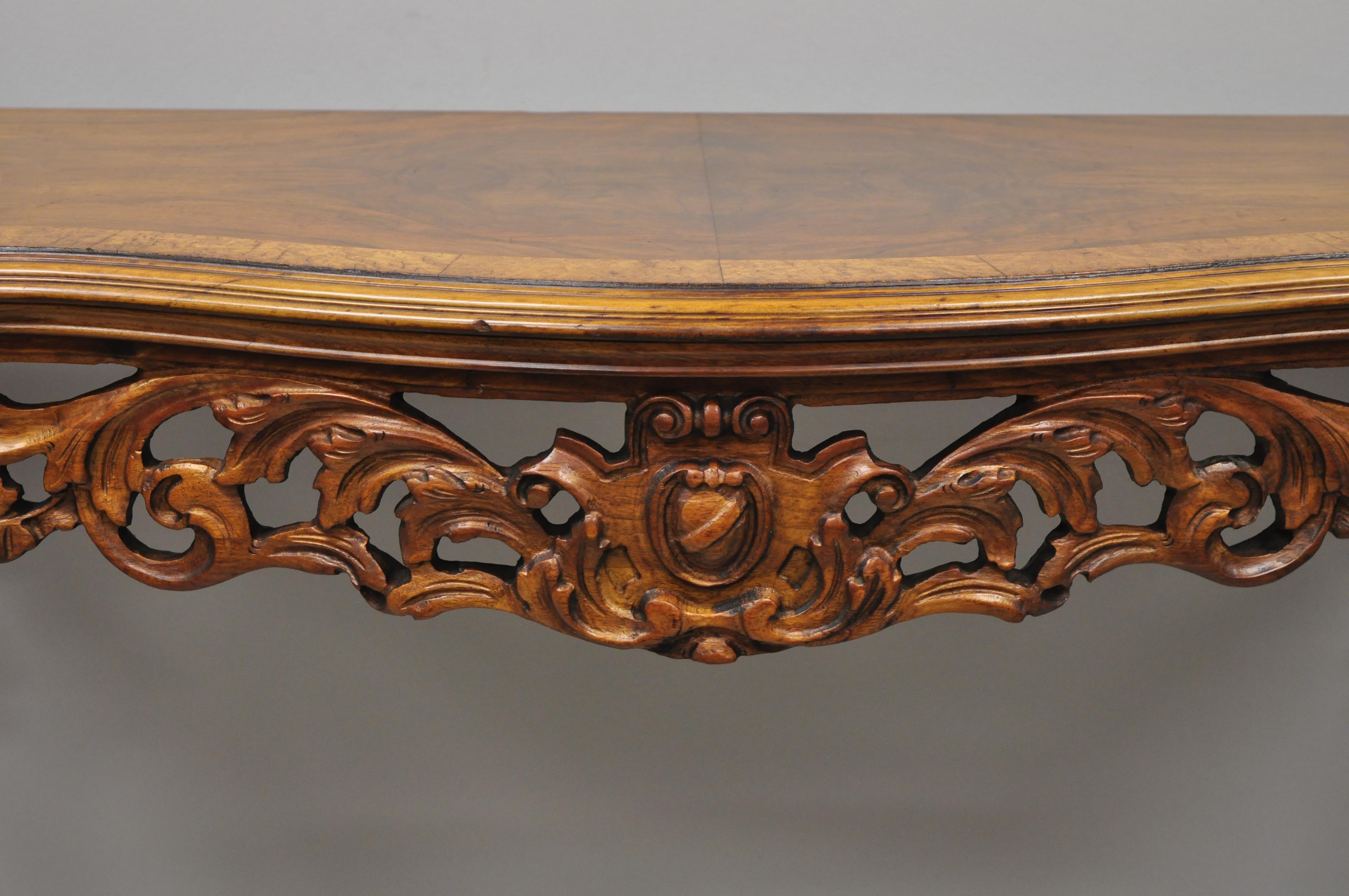 Antique French Louis XV Style Carved Walnut Banded Top Small Console Hall Table 1