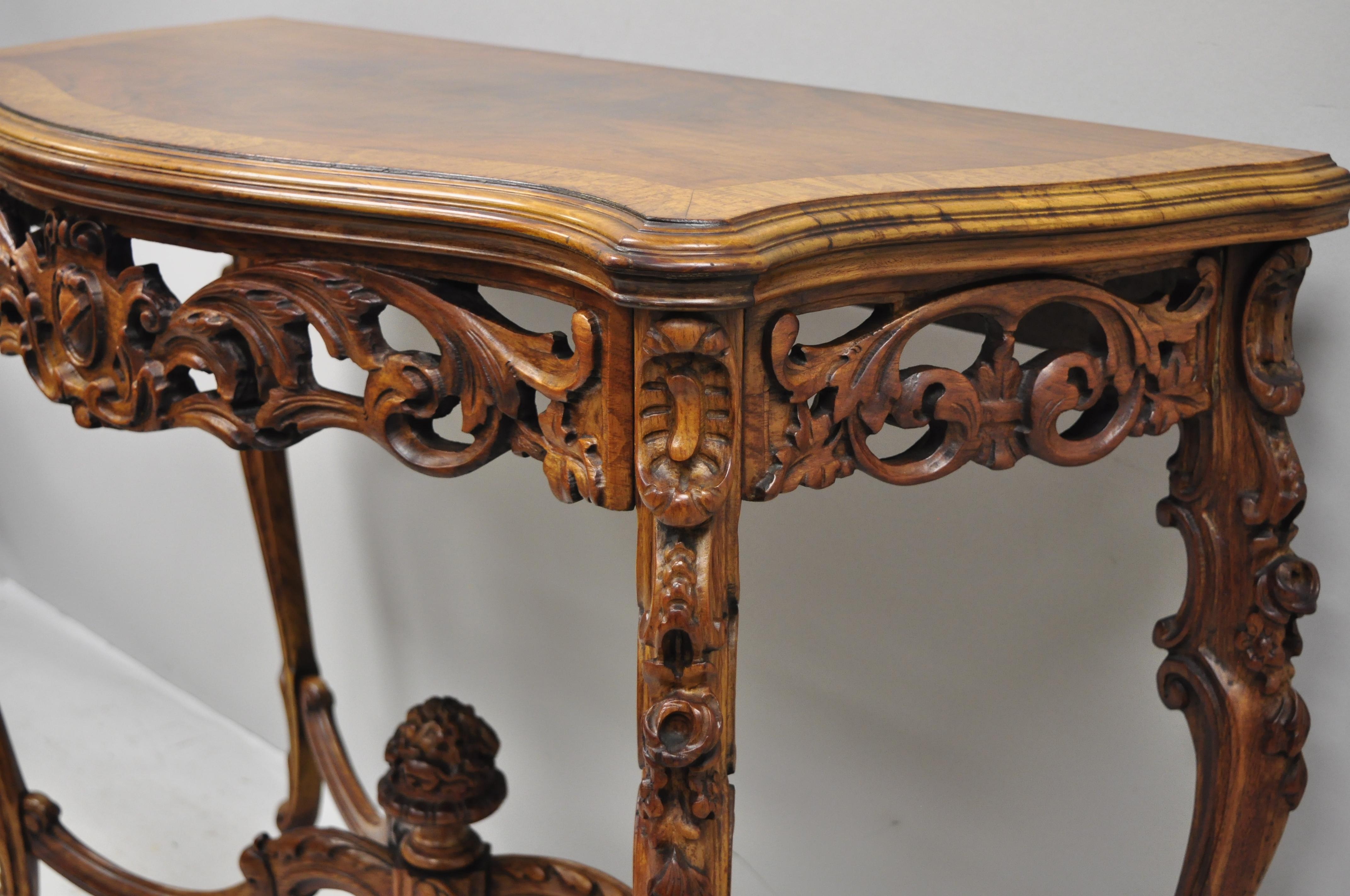 Antique French Louis XV Style Carved Walnut Banded Top Small Console Hall Table 4