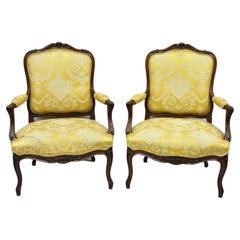 Antique French Louis XV Style Carved Walnut Bergere Lounge Chairs - a Pair