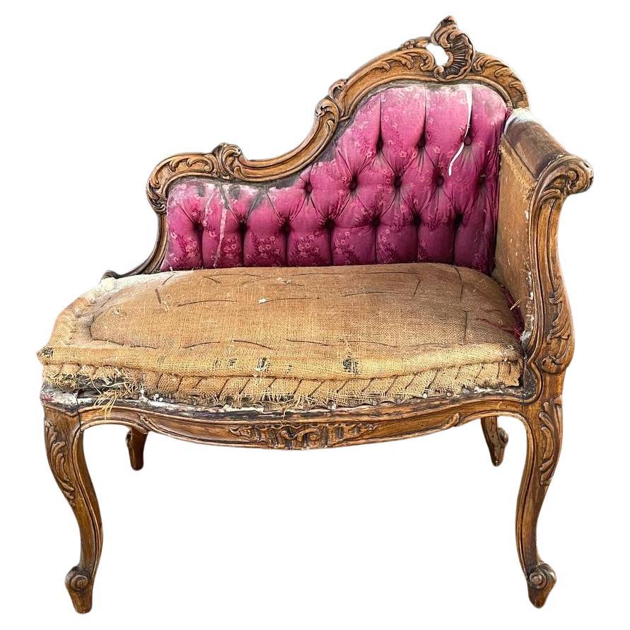 Antique French Louis XV Style Chaise Lounge with Brocade Upholstery at