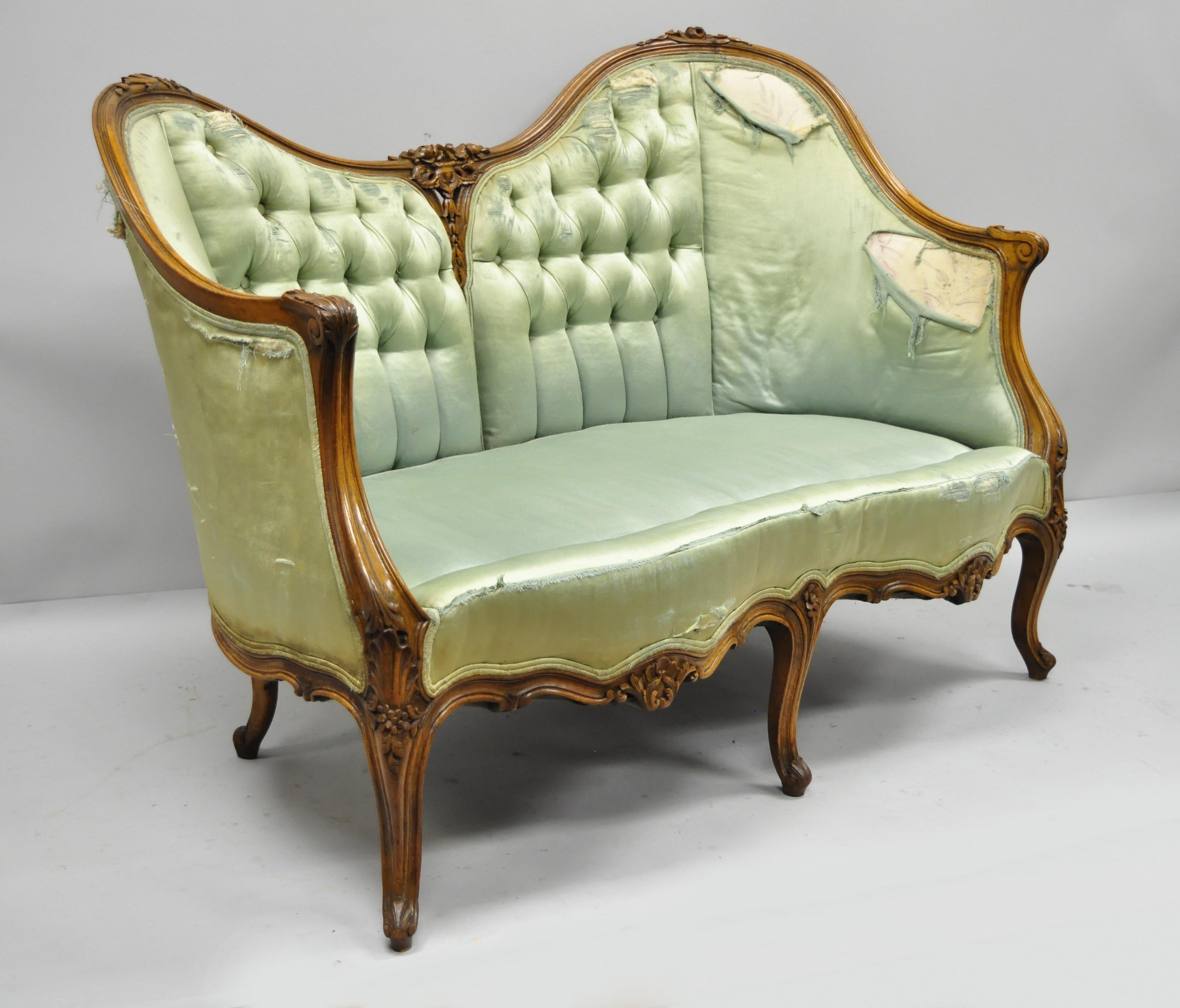 Antique French Louis XV Style Carved Walnut Double Hump Back Settee Loveseat For Sale 2