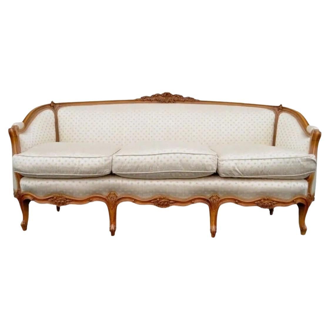 Antique French Louis XV Style Carved Walnut Gold Upholstered Sofa Canape