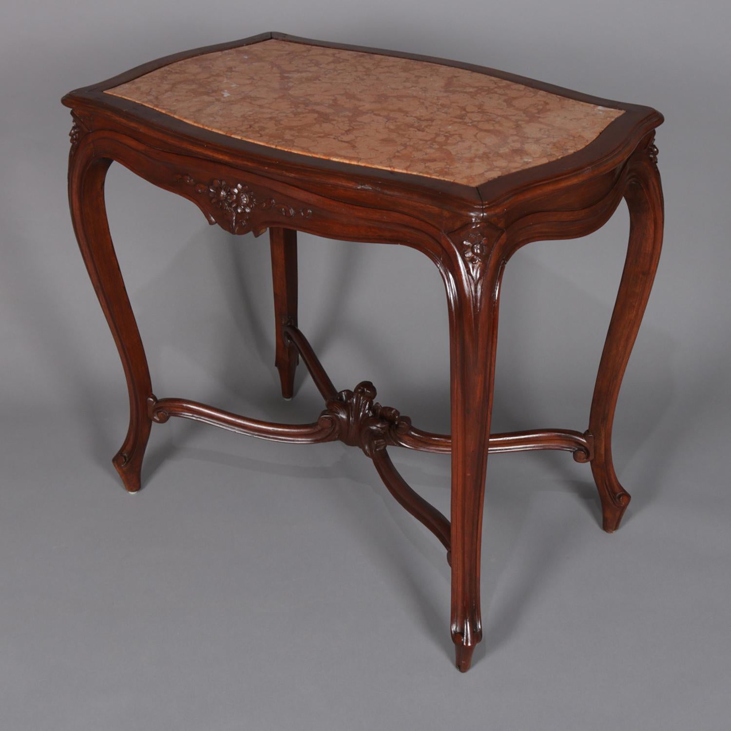 Antique French Louis XV Style Carved Walnut and Marble Center Table, circa 1900 1