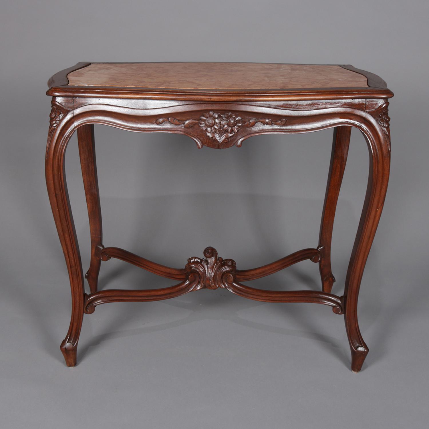 Antique French Louis XV Style Carved Walnut and Marble Center Table, circa 1900 3