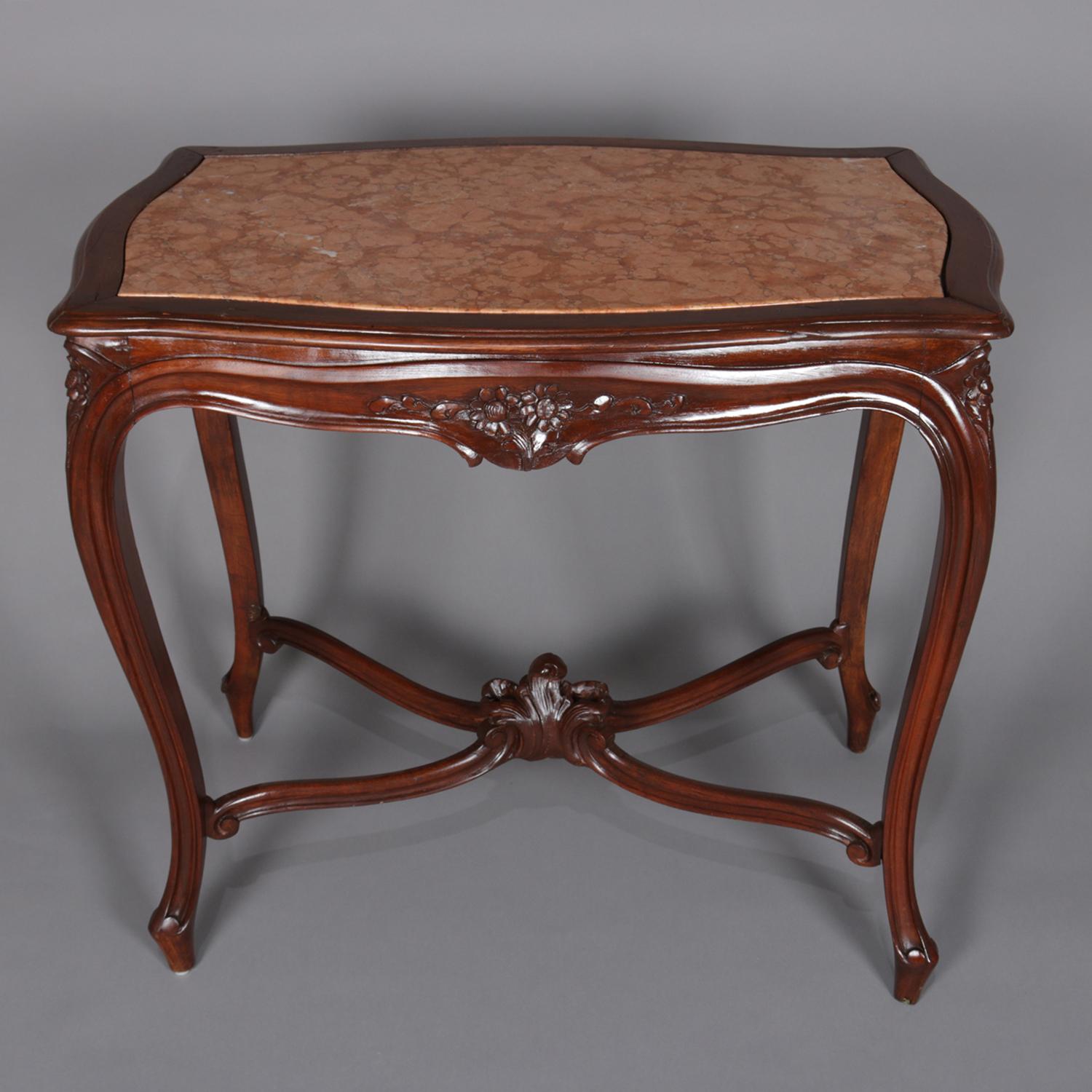 Antique French Louis XV Style Carved Walnut and Marble Center Table, circa 1900 5