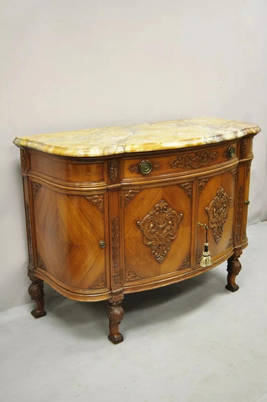 Antique French Louis XV Style Carved Walnut Marble Top Buffet Sideboard Cabinet For Sale 7