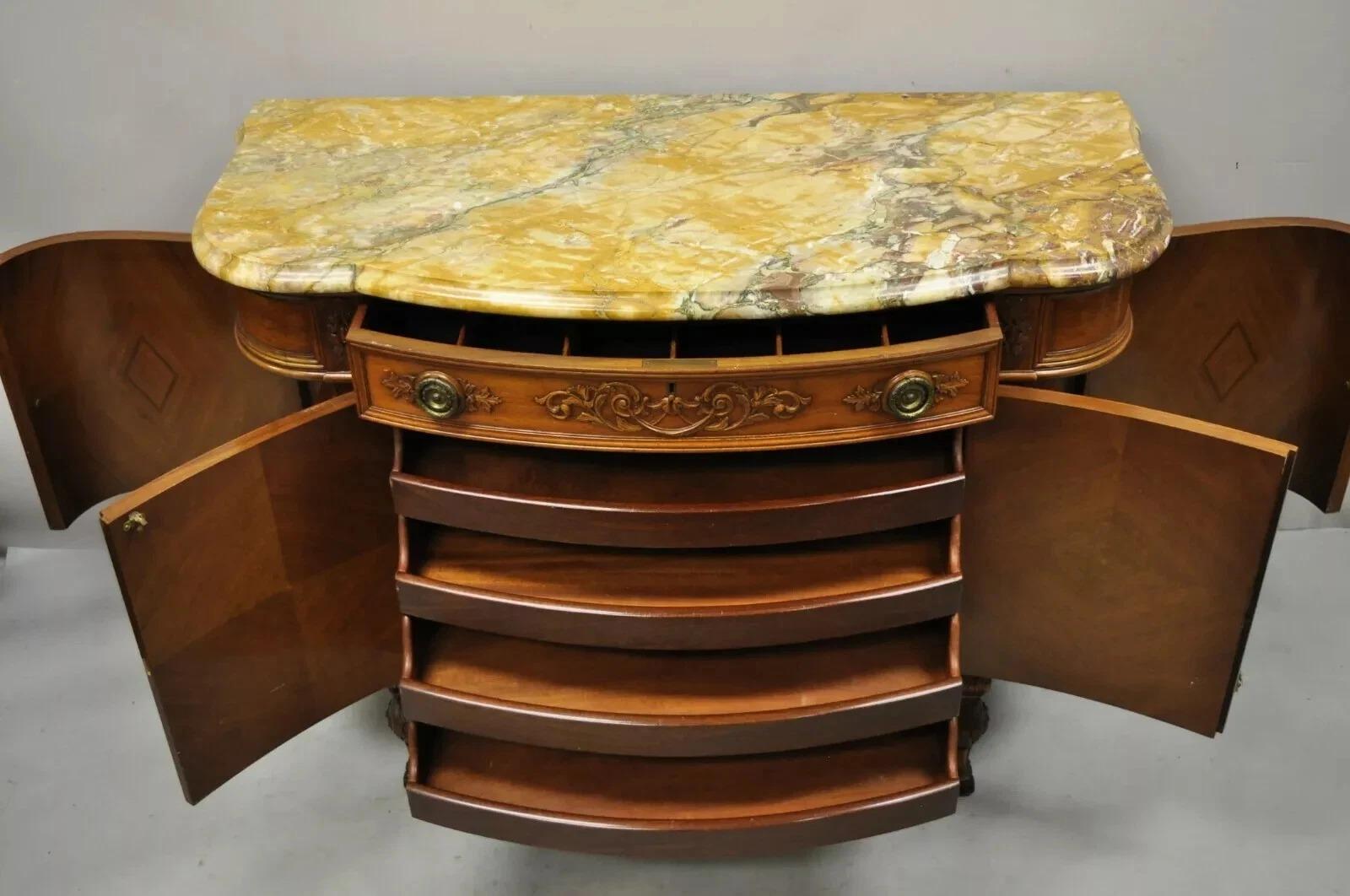 Antique French Louis XV Style Carved Walnut Marble Top Buffet Sideboard Cabinet In Good Condition For Sale In Philadelphia, PA