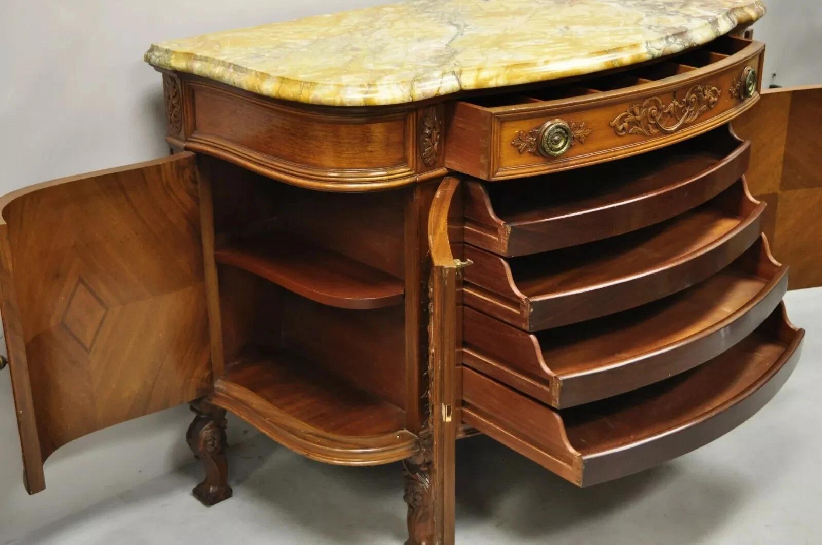 20th Century Antique French Louis XV Style Carved Walnut Marble Top Buffet Sideboard Cabinet For Sale
