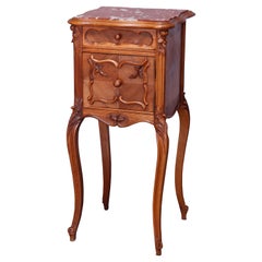 Antique French Louis XV Style Carved Walnut Marble Top Side Stand, c1900