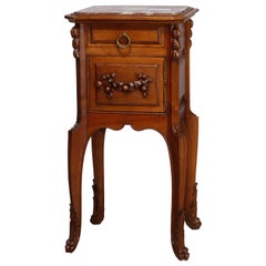 Antique French Louis XV Style Carved Walnut Marble Top Side Table, circa 1900