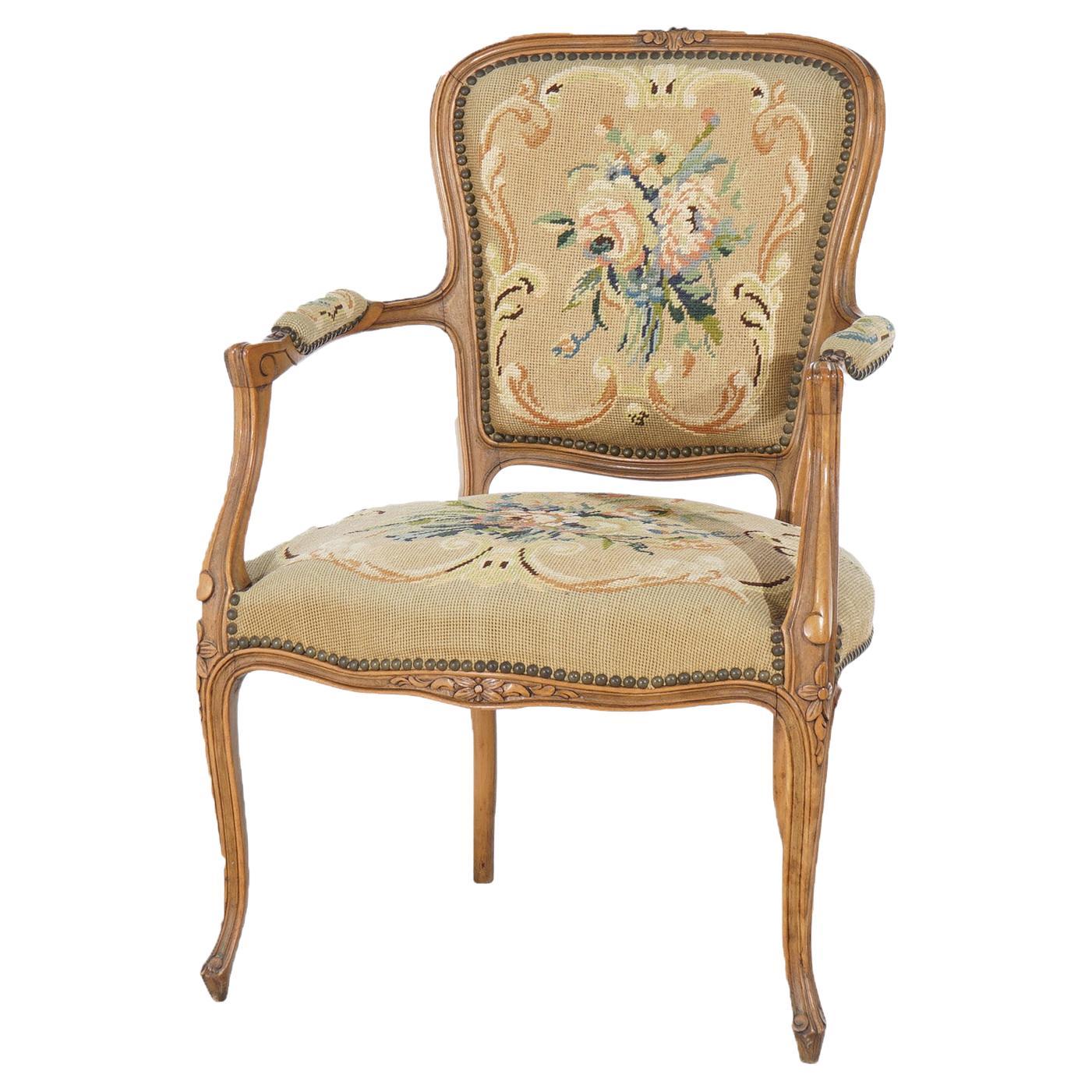 Antique French Louis XV Style Carved Walnut Needlepoint Upholstered Chair C1920