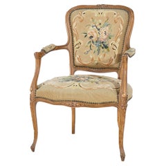 Antique French Louis XV Style Carved Walnut Needlepoint Upholstered Chair C1920