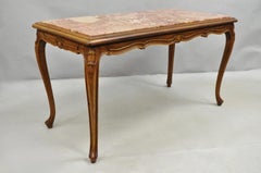 Antique French Louis XV Style Carved Walnut Rouge Marble Top Console Hall Table