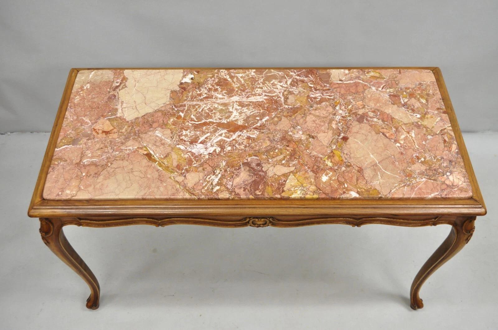 Unknown Antique French Louis XV Style Carved Walnut Rouge Marble Top Console Hall Table For Sale