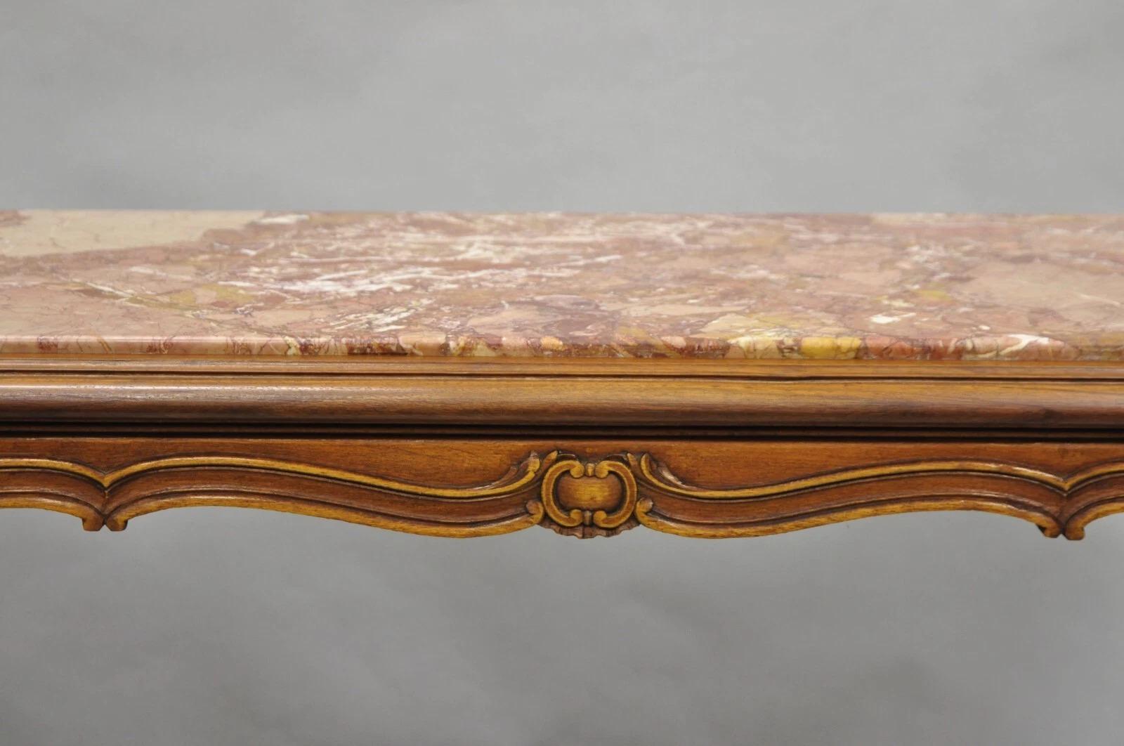 Antique French Louis XV Style Carved Walnut Rouge Marble Top Console Hall Table In Good Condition For Sale In Philadelphia, PA