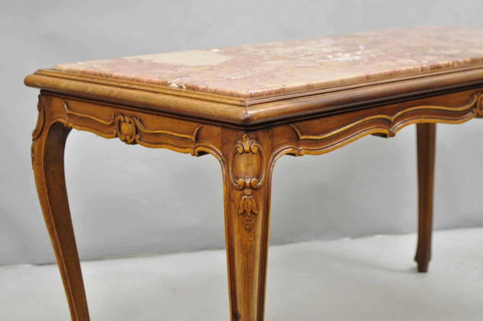 20th Century Antique French Louis XV Style Carved Walnut Rouge Marble Top Console Hall Table For Sale