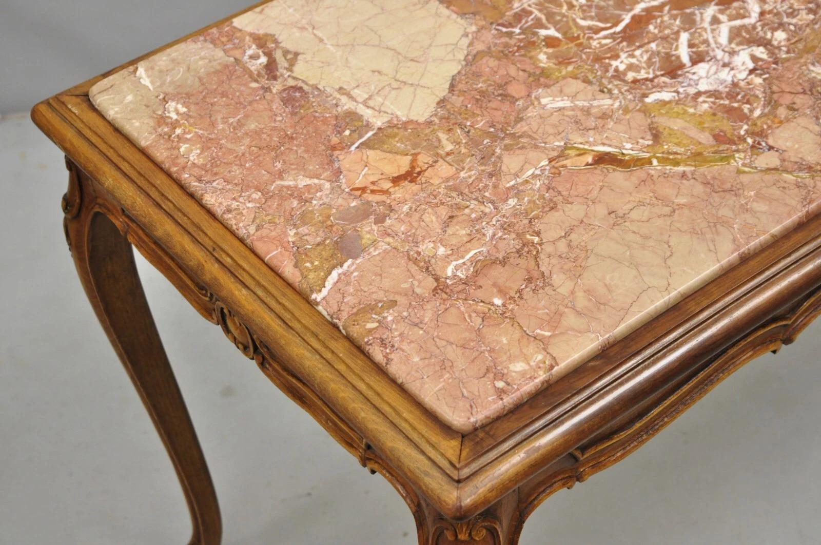 Antique French Louis XV Style Carved Walnut Rouge Marble Top Console Hall Table For Sale 1